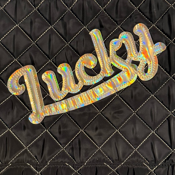 NWOT “Lucky” Large Black Quilted Cosmetics Bag With Gold Holographic Accents - Picture 4 of 7